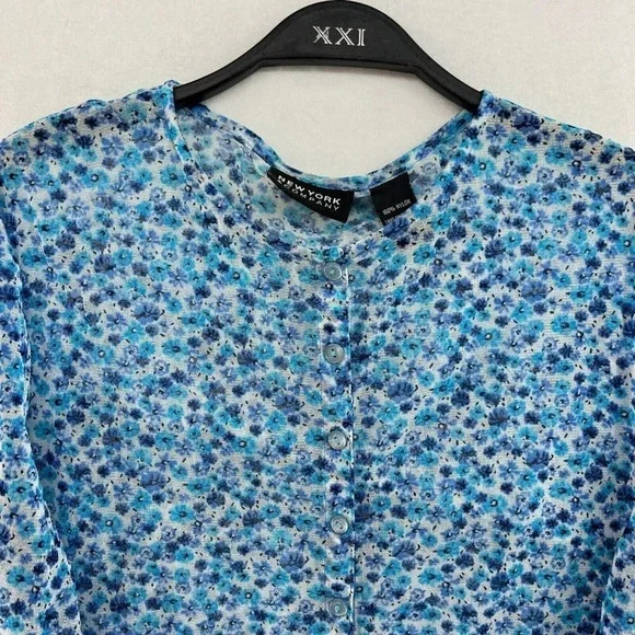 New York & Company Blouse Womens XL Blue Floral Button-Up Round Neck Long Sleeve - Picture 6 of 11
